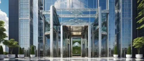 Modern skyscraper, futuristic architecture, sleek glass facade, silver metallic frame, intricate geometric patterns, grand entrance with revolving doors, marble floors, high ceilings, elegant chandeli