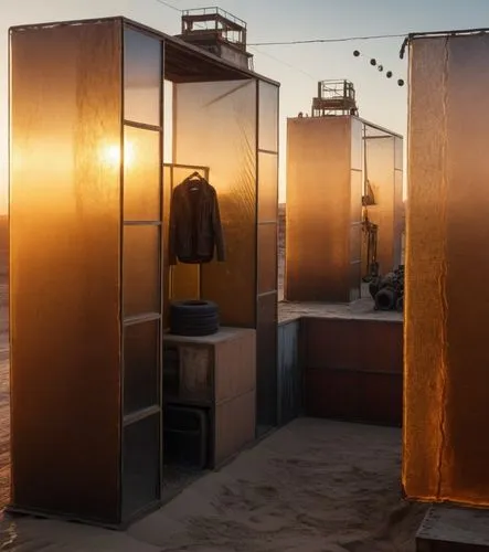 mad max style
sand in the ground 
broking glass and engine,the large wardrobe has wooden doors, and shelving units,cabanas,cube stilt houses,lifeguard tower,cabana,mirror house,beach hut,Photography,G