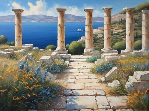 temple of poseidon,delphi,ephesus,greek temple,laodicea,kythnos,cyclades,hellenic,delos,aegean,celsus,roman columns,lycian,knidos,elytis,symi,herakleion,erechtheus,thira,greece,Illustration,Abstract Fantasy,Abstract Fantasy 15