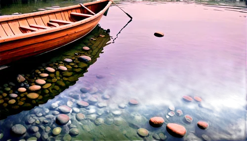 River, serene water, gentle flow, lush greenery banks, sunny day, soft mist, calm atmosphere, detailed ripples, stones and pebbles underwater, wooden boat docked, 3/4 composition, shallow depth of fie