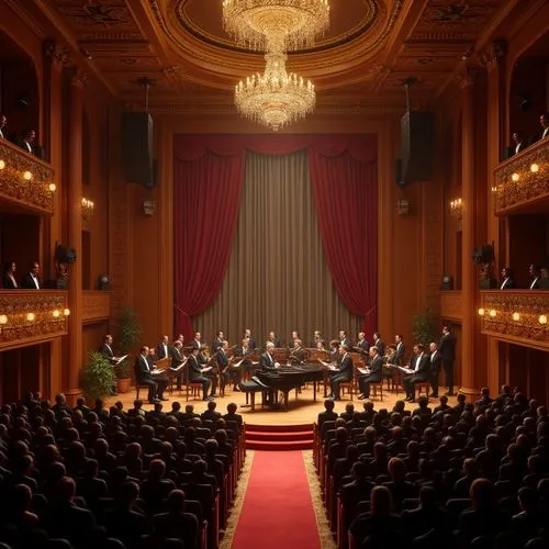 Concert house, luxurious interior, grand staircase, velvet curtains, wooden flooring, intricate chandeliers, soundproof walls, optimal acoustics, perfect echo, golden ratio composition, warm ambient l