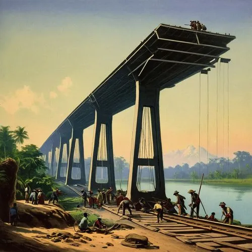 people build the skytrain bridge, java, indonesia,1890's, observed by aliens,schuiten,adventure bridge,fitzcarraldo,teak bridge,elevated railway,schuitema,railroad bridge,bridge - building structure,s