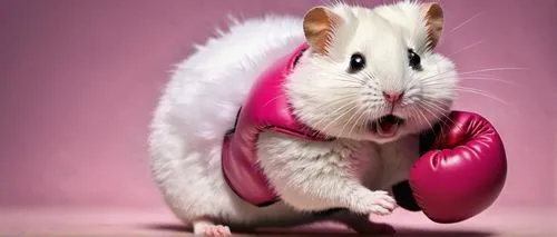 Cute hamster, boxing gloves, tiny boxing ring, energetic pose, fluffy white fur, pink nose, beady eyes, little mouthguard, miniature boxing helmet, athletic wear, dynamic movement, action-packed scene