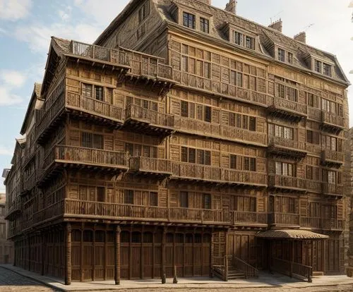 a very large modern style building in the evening,wooden facade,hotel de cluny,samaritaine,honfleur,half-timbered house,colombes,Game Scene Design,Game Scene Design,Renaissance