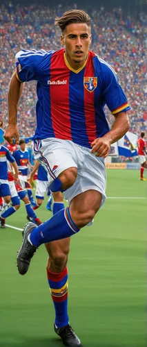 FC Basel football player, male, athletic pose, red and blue jersey, white shorts, soccer cleats, action shot, dribbling, stadium background, cheering crowd, grass field, dynamic angle, clear sky, natu