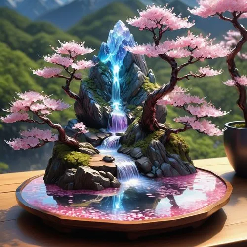 japanese sakura background,flower tea,maple bonsai,blooming tea,tea zen,flower bowl,water lily plate,bonsai,wishing well,bonsai tree,sakura tree,cherry blossom tree,incense with stand,sakura background,magical pot,blossom tree,3d fantasy,tea ceremony,sakura blossom,mountain spring,Illustration,Realistic Fantasy,Realistic Fantasy 03