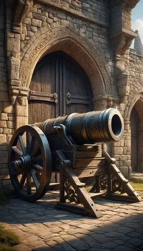 Historical cannon design, ancient fortress architecture, stone walls, worn-out wooden doors, iron reinforcements, intricate carvings, grandiose scale, medieval setting, misty morning atmosphere, warm 