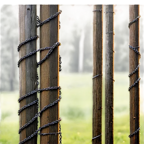 Chain fence, rusty metal chains, vertical bars, pointed tops, intricate details, worn-out texture, old wooden posts, weathered wood grain, morning dew, soft sunlight filtering through chains, 3/4 comp