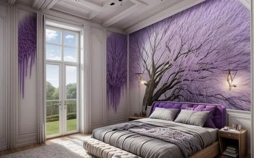 sleeping room,great room,wallcoverings,wallcovering,interior decoration,guest room,wall decoration,bedroom window,bedroom,lilac tree,wall plaster,wallpapering,victorian room,nursery decoration,modern room,ornate room,danish room,interior design,purple landscape,rovere