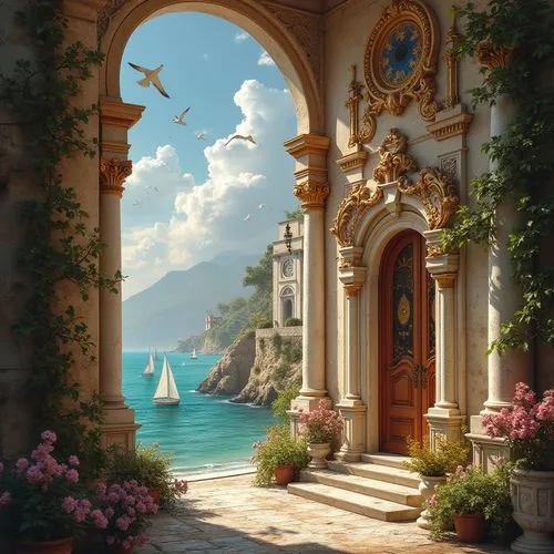 fantasy picture,fantasy landscape,doorways,fantasy art,miramare,portofino,home landscape,venetian,sea landscape,lake geneva,garden door,doorway,greek island door,lake como,the threshold of the house,villa balbianello,toussaint,front door,windows wallpaper,montreaux,Photography,General,Realistic