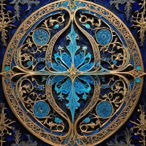 motifs of blue stars,art nouveau frame,islamic pattern,wall panel,panel,quatrefoil,art nouveau design,patterned wood decoration,circular ornament,art nouveau frames,decorative frame,ornamental dividers,frame ornaments,art nouveau,arabesque,floral ornament,ornate,moroccan pattern,ornament,openwork frame,Illustration,Realistic Fantasy,Realistic Fantasy 42