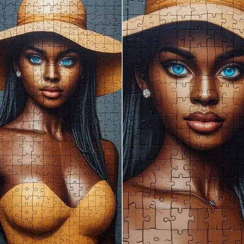 retouching,jigsaw puzzle,retouch,oil painting on canvas,mesh and frame,brown hat,custom portrait,puzzle,picture puzzle,cardboard background,mosaic,ordinary sun hat,photo manipulation,colored pencil background,3d figure,sun hat,oil on canvas,puzzle pieces,photomanipulation,mona lisa