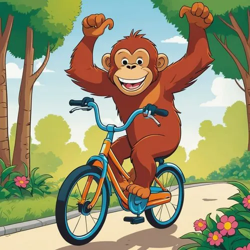 "Create a simple 2D cartoon of an orangutan riding a bicycle. The orangutan should have a joyful and playful expression, with its long arms gripping the handlebars and its feet pedaling. The bicycle c