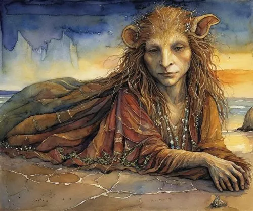 a painting of a woman with long hair and beards sitting on a sandy beach near the ocean,cailleach,radagast,crone,faun,druidry,diterlizzi,Illustration,Realistic Fantasy,Realistic Fantasy 14