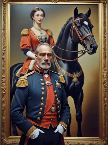 Karl stands at attention in front of the impressive equestrian portrait of his respectable Prussian girlfriend, Colonel-General Viktoria-Louise von Manteuffel.,a painting with a woman in uniform stand