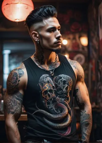 Muscular man, tattoo artist, intense gaze, sleeveless shirt, ripped jeans, bold black tattoos covering arms, chest, and back, intricate designs with skulls, roses, and snakes, golden earring, strong j