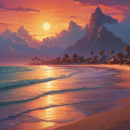 Create a stunning PC wallpaper with a serene beach sunset.,beach landscape,beach scenery,dream beach,mountain beach,coastal landscape,fantasy landscape,sunrise beach,coast sunset,sunset beach,sand coa