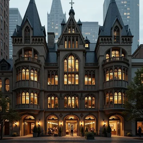 Ornate Gothic office building, pointed arches, ribbed vaults, flying buttresses, intricate stone carvings, grandiose entranceways, heavy wooden doors, ornamental ironwork, stained glass windows, tower