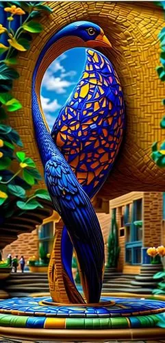 an ornamental bird,ornamental duck,peacock,ornamental bird,glass painting,blue peacock