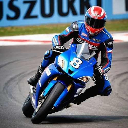 The image shows a person sitting on a sport motorcycle. The motorcycle is black with some red and white accents, and the brand "Suzuki" is visible on the side, indicating the make of the bike. The per