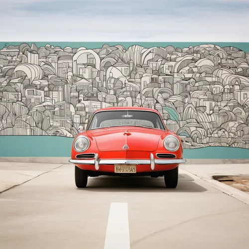 A peaceful coastal drive along the ocean breeze.,austin-healey sprite,honda s600,triumph spitfire,karmann ghia,citroën ds,porsche 356,sunbeam tiger,mg midget,sunbeam alpine,volkswagen karmann ghia,red