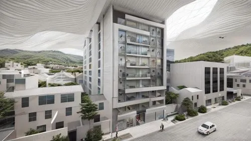 multi storey car park,folding roof,new housing development,modern architecture,building valley,tbilisi,futuristic architecture,apartment complex,sky apartment,shenzhen vocational college,danyang eight