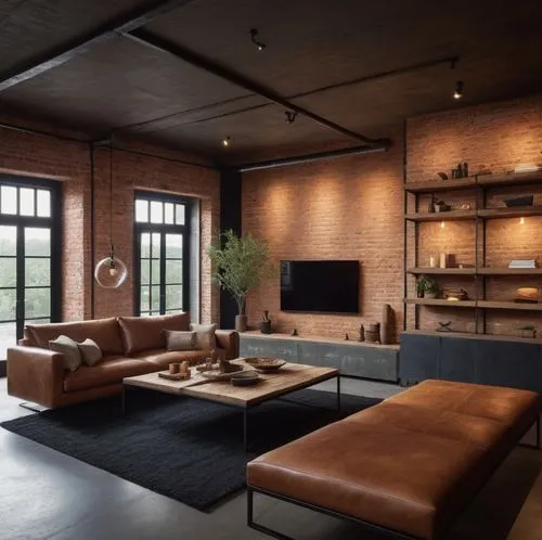 Create a series of hyper-realistic images showcasing an industrial-style interior design. The scene should prominently feature raw materials such as steel, iron, concrete, untreated wood, and exposed 