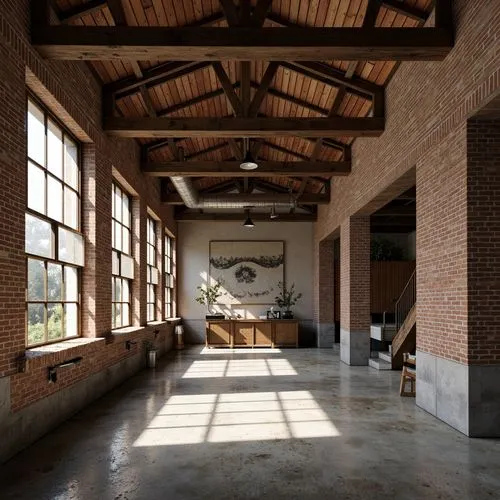 Rustic industrial landscape, abandoned factories, worn brick walls, distressed metal roofs, reclaimed wood accents, earthy tones, natural textures, regional materials, local craftsmanship, exposed duc