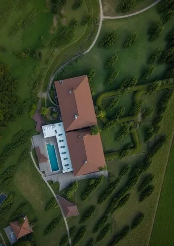 an aerial view of a house in the countryside,country estate,golf hotel,pilgrimage church of wies,dji agriculture,schoenstatt,villa,Photography,General,Realistic