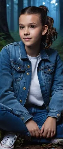 Millie Bobby Brown, Shadowcat, solo, (12yo), adorable freckles, bright smile, curly brown hair, ponytail, casual wear, denim jacket, white t-shirt, distressed blue jeans, Converse shoes, sitting cross