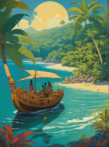 monkey island,south pacific,tropical sea,the caribbean,polynesia,caribbean,travel poster,carribean,boat landscape,jamaica,an island far away landscape,fiji,pineapple boat,tropical island,caribbean sea,tropical beach,south seas,caribbean beach,caravel,polynesian,Illustration,Retro,Retro 07