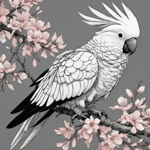 flower and bird illustration,an ornamental bird,ornamental bird,beautiful parakeet,cute parakeet,spring bird,Illustration,Black and White,Black and White 08