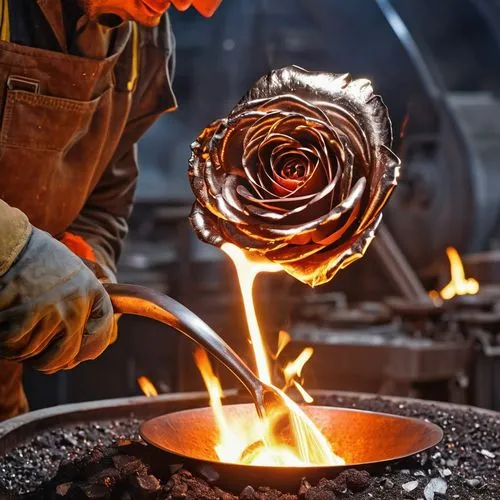 metallurgical plant worker pours a rose out of molten metal from a ladle of molten metal,steelworker,glassblower,forgings,ironworking,forging,molten metal,ironmaking,metalworker,glassblowers,steelmaki