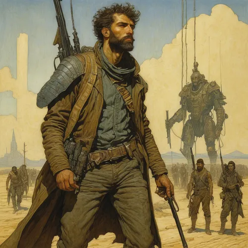 the wanderer,nomad,mercenary,war correspondent,gunfighter,heroic fantasy,conquistador,lost in war,don quixote,drover,lone warrior,rifleman,dune 45,nomads,reconnoiter,wanderer,infantry,patrols,man holding gun and light,dune,Illustration,Retro,Retro 01