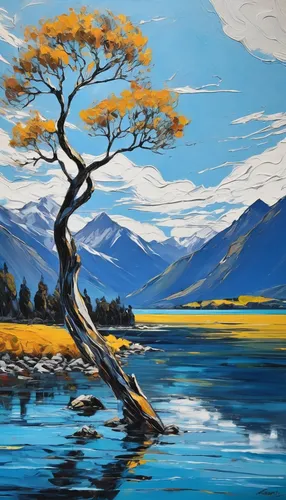 painted tree,river landscape,coastal landscape,lake mcdonald,painting technique,larch tree,larch trees,jack pine,lone tree,beach landscape,oil painting,vermilion lakes,salt meadow landscape,south island,rippon,braided river,natural landscape,river juniper,oil painting on canvas,landscape background,Conceptual Art,Oil color,Oil Color 24