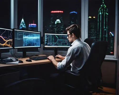 Modern corporate office, IT enterprise architecture tools, futuristic laptop, multiple monitors, ergonomic chair, male programmer, 30yo, short hair, glasses, casual wear, jeans, white shirt, sneakers,