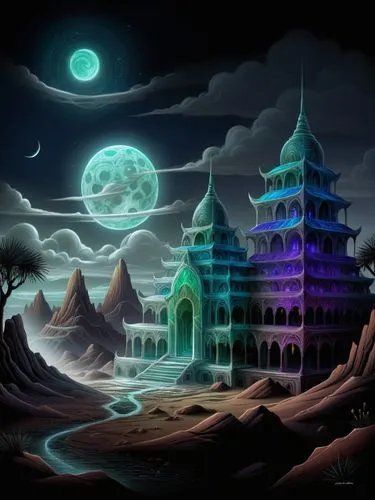 an alien village lit up at night,fantasy landscape,fantasy picture,moonlit night,halloween background,lunar landscape,ghost castle,Illustration,Realistic Fantasy,Realistic Fantasy 25