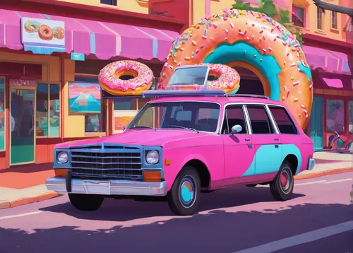 donut illustration,donut drawing,donut,donuts,doughnuts,pink car,doughnut,malasada,ice cream shop,ice cream van,pastry shop,car hop,soda shop,bakery,cartoon car,retro vehicle,neon candies,ice cream stand,ice cream parlor,cake shop,Art,Classical Oil Painting,Classical Oil Painting 30