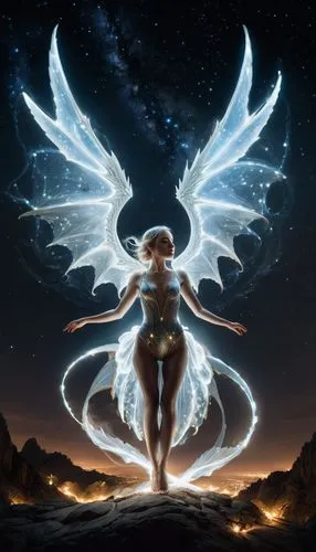 Cinematic, dreamy women, light dragon wings, high cut bodysuit, light painting effects, rim light, starry skies, glowing environments, surreal, dreamy compositions, celestial bodies, magical realism, 