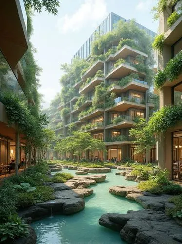 A commercial plaza designed with a biophilic approach, where water gardens and natural elements are integrated into every level. The plaza’s open-air courtyards are filled with flowing water, plants, 