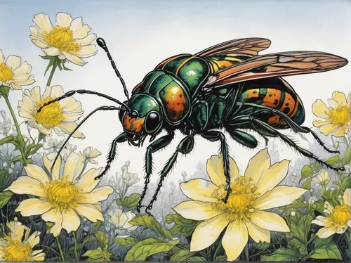 Draw a peaceful bug surrounded by blooming flowers.,flower fly,syrphid fly,blister beetles,drawing bee,cicada,field wasp,artificial fly,cuckoo wasps,japanese beetle,insecticide,wasp,drone bee,hover fl