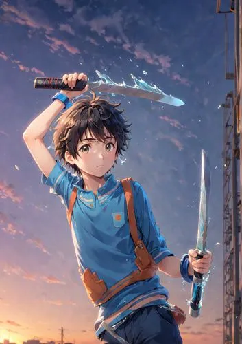 a young man holding a knife above his head,hiro,katsuyuki,eiji,senji,kazunari,baton,Anime,Anime,Realistic