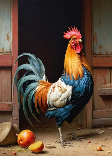 portrait of a hen,vintage rooster,cockerel,rooster,domestic chicken,hen,bantam,landfowl,pullet,phoenix rooster,rooster in the basket,anthropomorphized animals,chicken 65,rooster head,chook,polish chicken,roosters,chicken bird,chicken,the chicken,Art,Classical Oil Painting,Classical Oil Painting 42