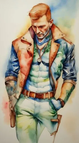 beautiful, colorful watercolor painting of a cozy country village --ar 4:3 --v 6.1,an illustration of a man with glasses and a colorful jacket,blazkowicz,kuwabara,jean jacket,watercolor sketch,deckard