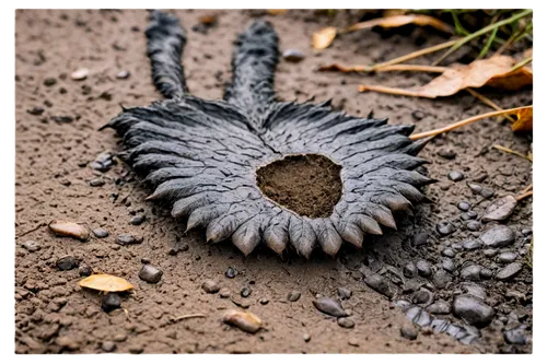 Wild boar footprint, muddy ground, large size, five-toed, sharp claws, deep impression, forest floor, morning dew, shallow depth of field, warm color tone, cinematic lighting, close-up shot, 3/4 compo