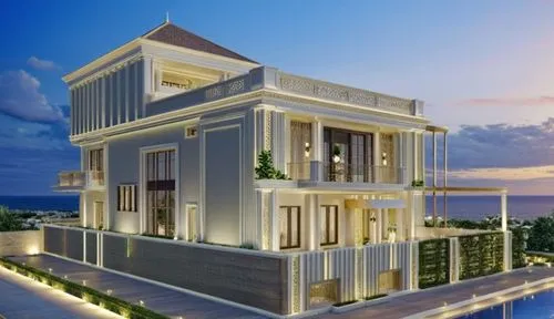 generate and render the view given below in which the took theme of neo classical style with full of europian and foreign architectural element . make the residencial elevation for realistic and took 