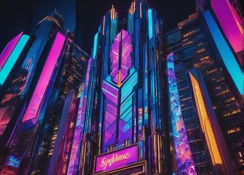 Transforming futuristic skyscraper, metallic structure, LED lights, neon glow, dynamic shape-shifting walls, holographic advertisements, bustling cityscape, evening time, vibrant colors, dramatic ligh