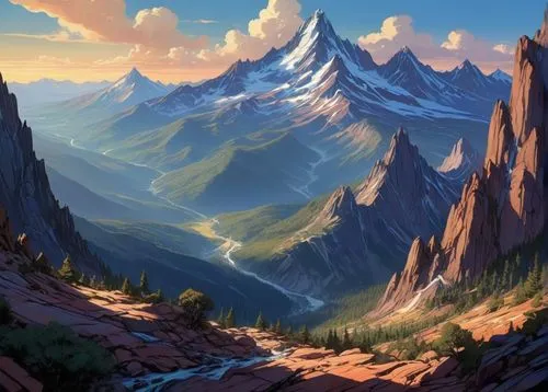 A majestic mountain range stretches as far as the eye can see, with rocky terrain stretching out before the viewer.,mountain landscape,mountains,mountainous landscape,mountain sunrise,mountain scene,m