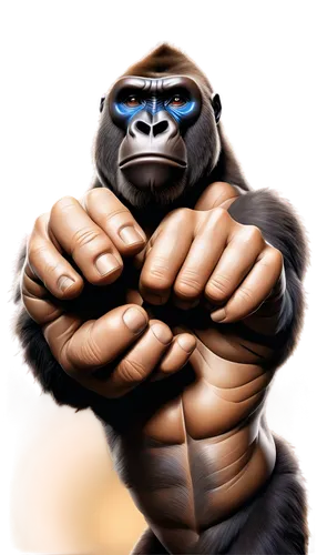 Gorilla hand, massive, hairy, clenched fist, thick fingers, sharp nails, veins visible, rough skin texture, realistic shading, dramatic lighting, close-up shot, 45-degree angle, high contrast, cinemat