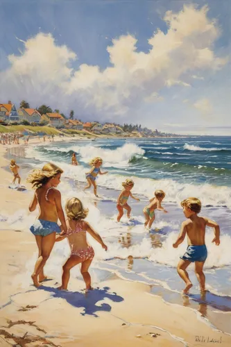 beach landscape,people on beach,children playing,beach goers,beach sports,bondi beach,surfers,bondi,coogee,straw hats,beach soccer,maroubra,summer day,young swimmers,beach scenery,beach defence,children drawing,vintage art,sea beach,rubjerg knude,Illustration,Retro,Retro 06